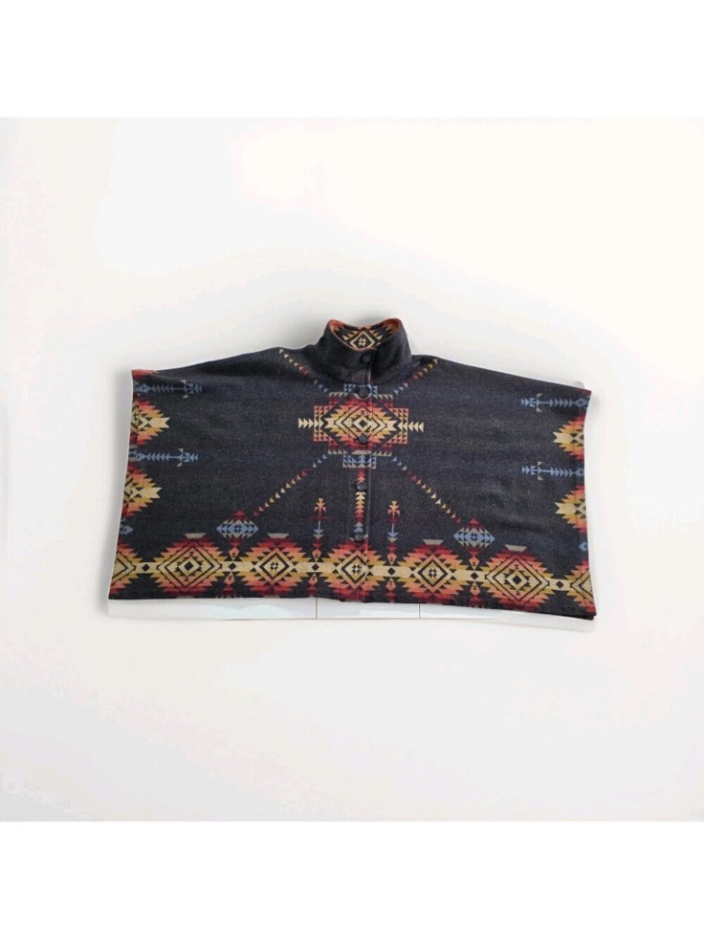 Reversible Wool Cape Poncho OS Southwestern Geometric Aztec Button Jacket Button - Picture 14 of 15